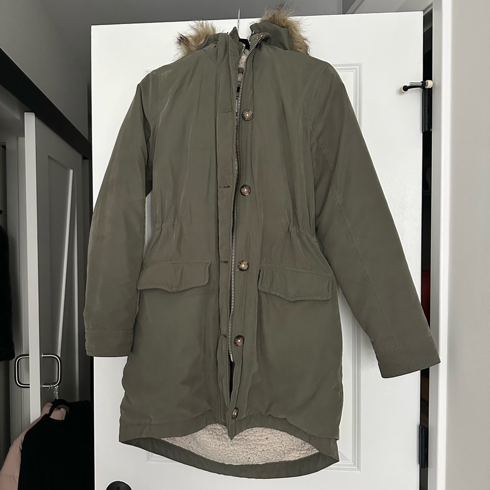 Abercrombie & Fitch Khaki Utility Jacket with Faux Fur Hood